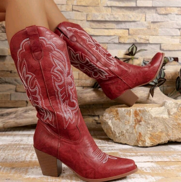 Shoes - Women's Western Style Embroidered Mid-Calf Boots With Pointed Toe, Chunky Heel